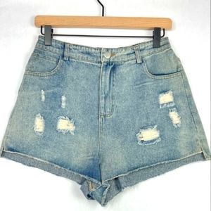 LE LIS DISTRESSED ELASTIC WAISTBAND DENIM SHORTS SIZE MEDIUM NWT
